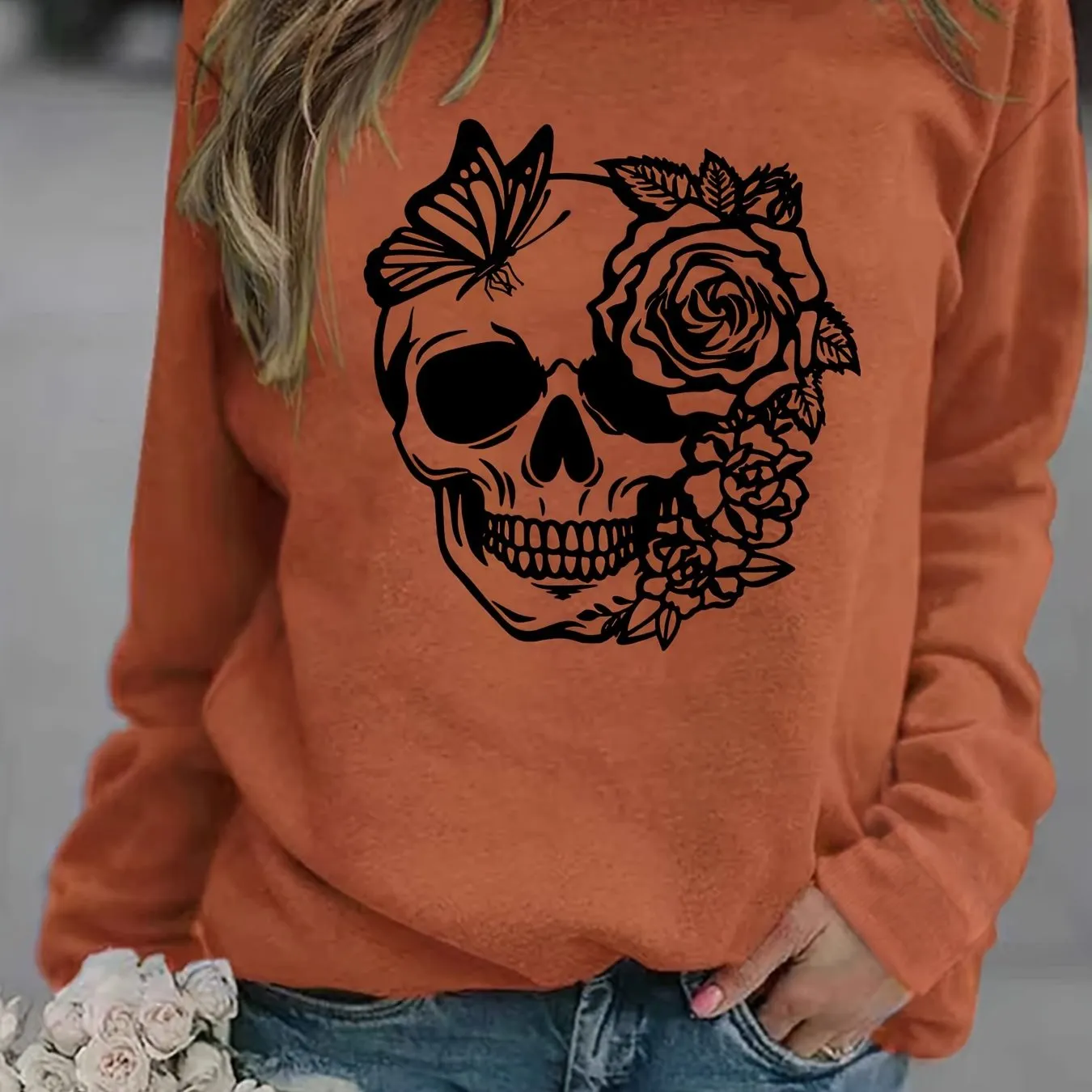 Trendy Rose Skull Graphic Loose Fit Sweatshirt - Soft, Casual, Long Sleeve Crew Neck Design, Women's Fashion Clothing for Everyday Wear