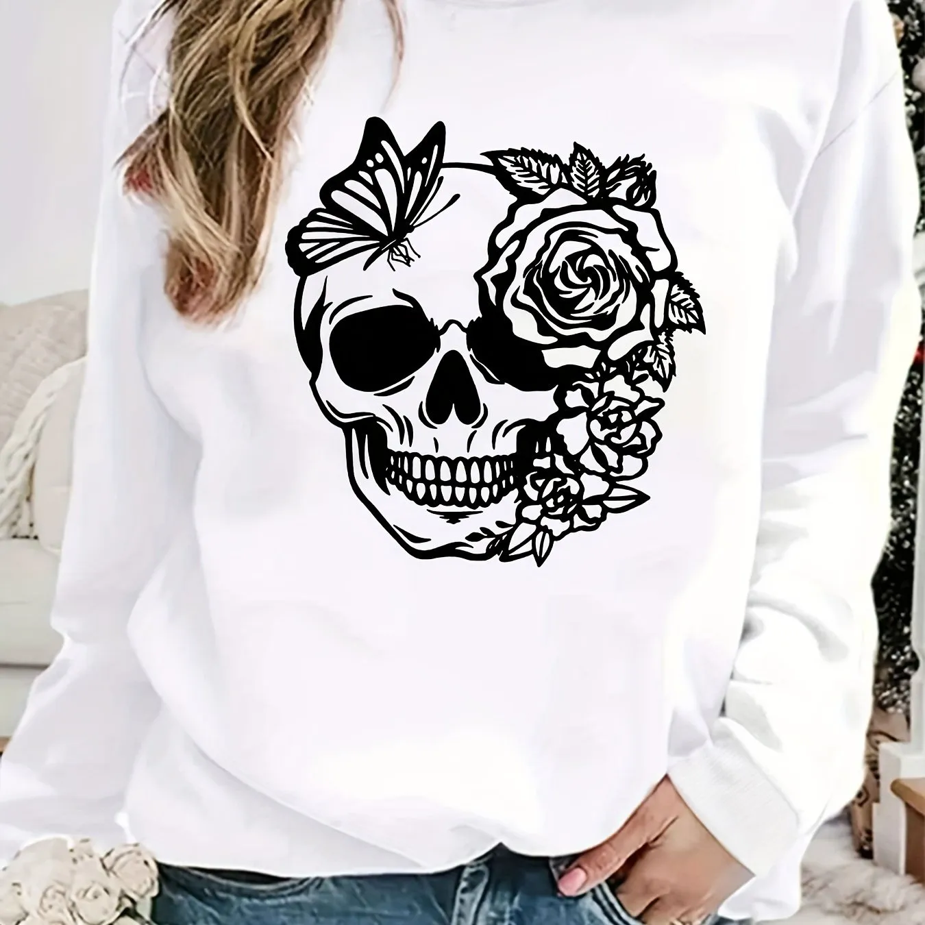 Trendy Rose Skull Graphic Loose Fit Sweatshirt - Soft, Casual, Long Sleeve Crew Neck Design, Women's Fashion Clothing for Everyday Wear