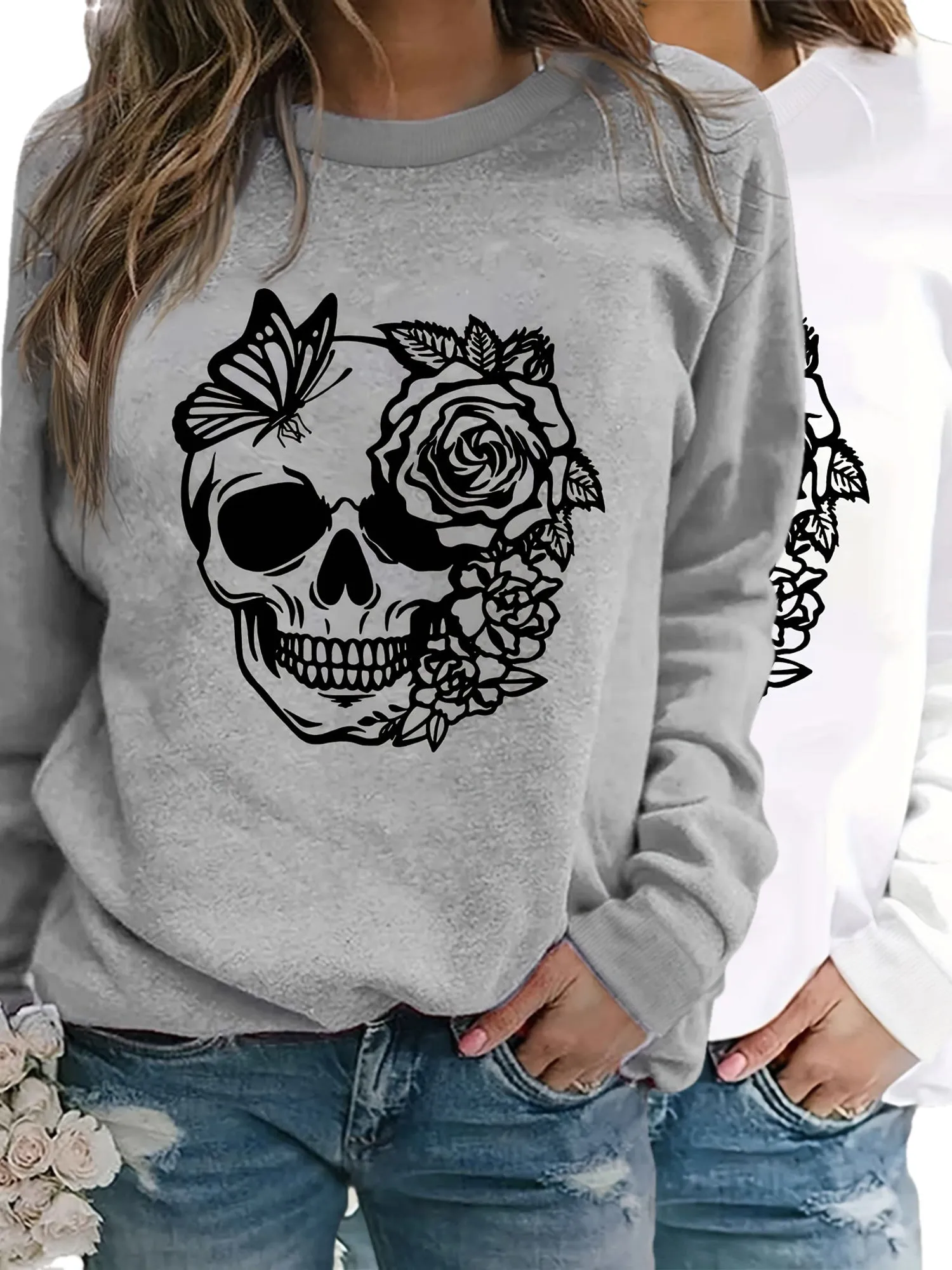 Trendy Rose Skull Graphic Loose Fit Sweatshirt - Soft, Casual, Long Sleeve Crew Neck Design, Women's Fashion Clothing for Everyday Wear