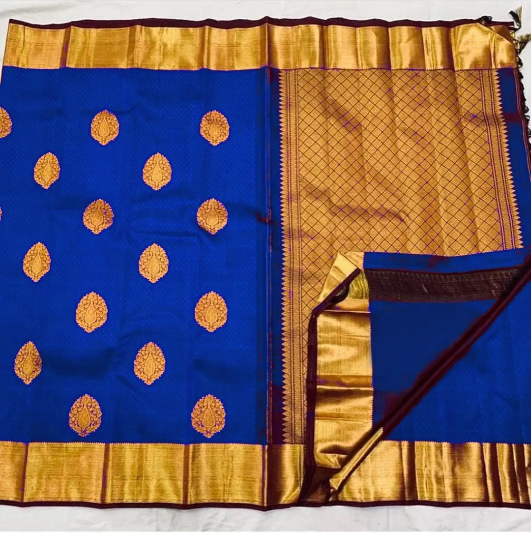 Trendy Royal Blue Soft Banarasi Silk Saree With Lissome Blouse Piece