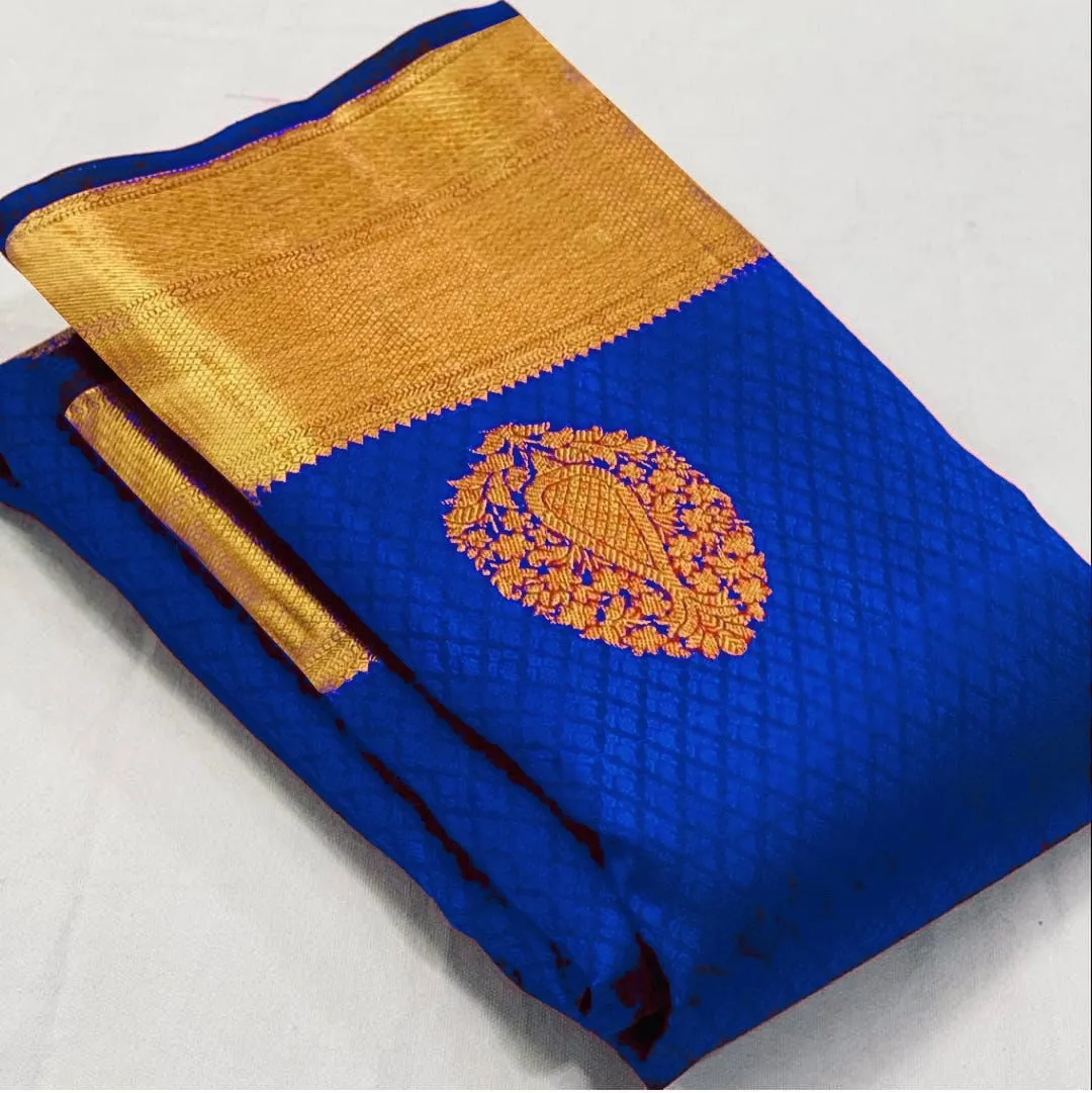 Trendy Royal Blue Soft Banarasi Silk Saree With Lissome Blouse Piece