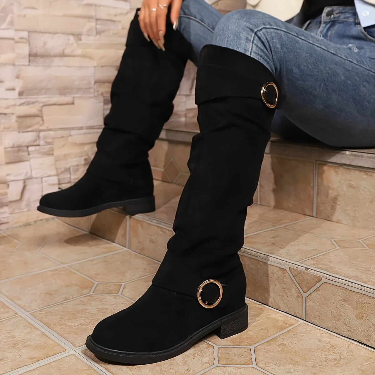 Trendy Solid Color Boots - Knee-High, Buckle Belt, Pull On, Chunky Heel, High Knee, Winter, Round Toe, Slouchy, Comfortable Boots for Women