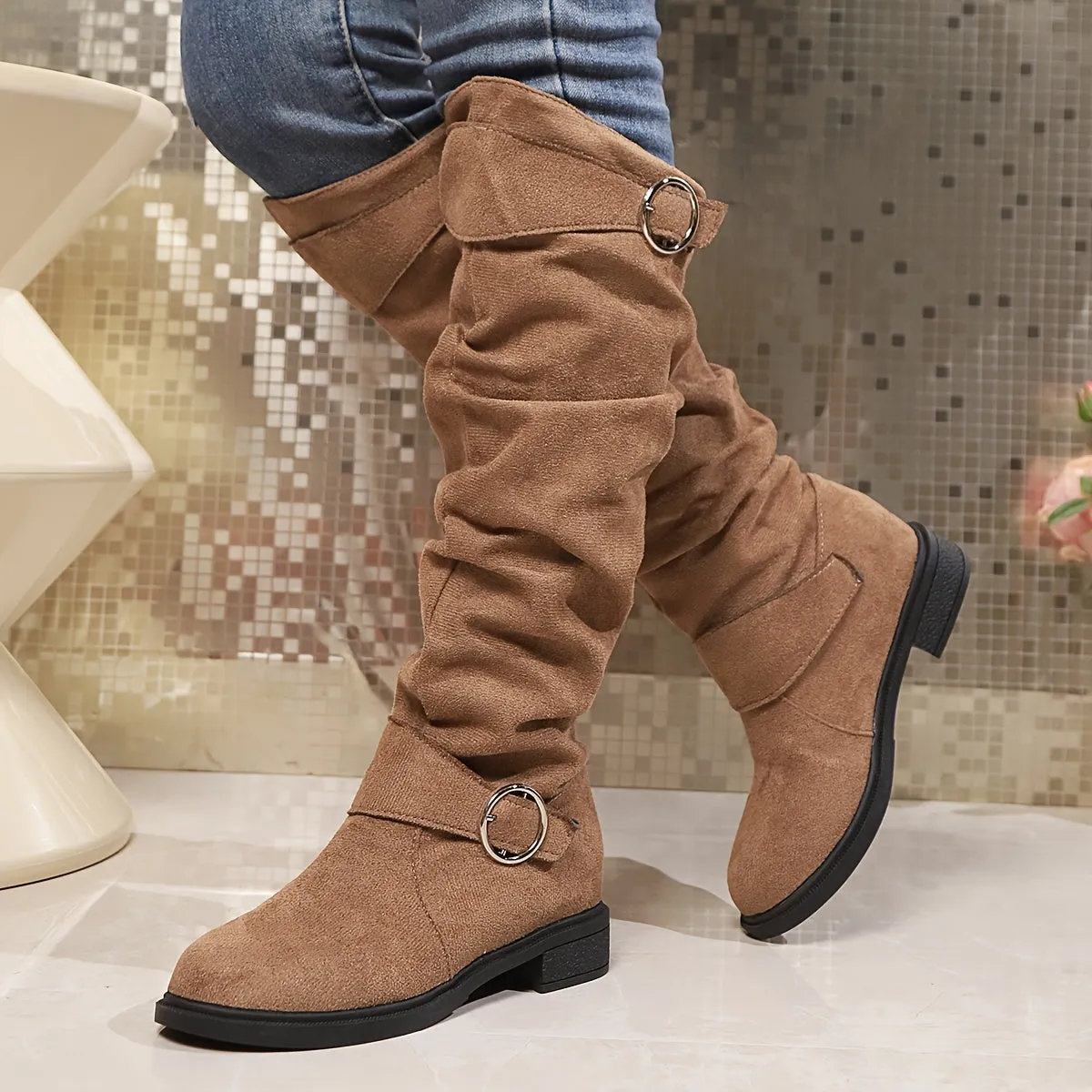 Trendy Solid Color Boots - Knee-High, Buckle Belt, Pull On, Chunky Heel, High Knee, Winter, Round Toe, Slouchy, Comfortable Boots for Women