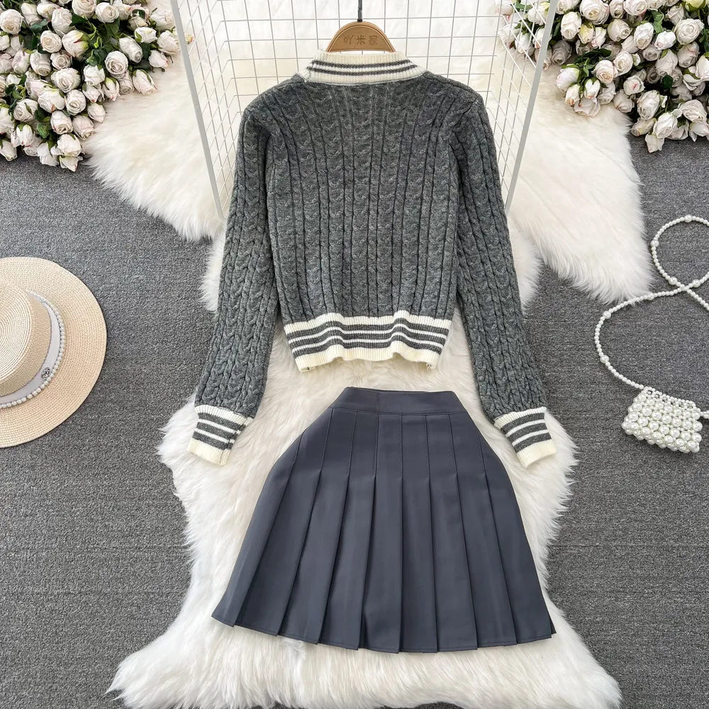 Twisted Cardigan&Pleated Skirt 2Pcs