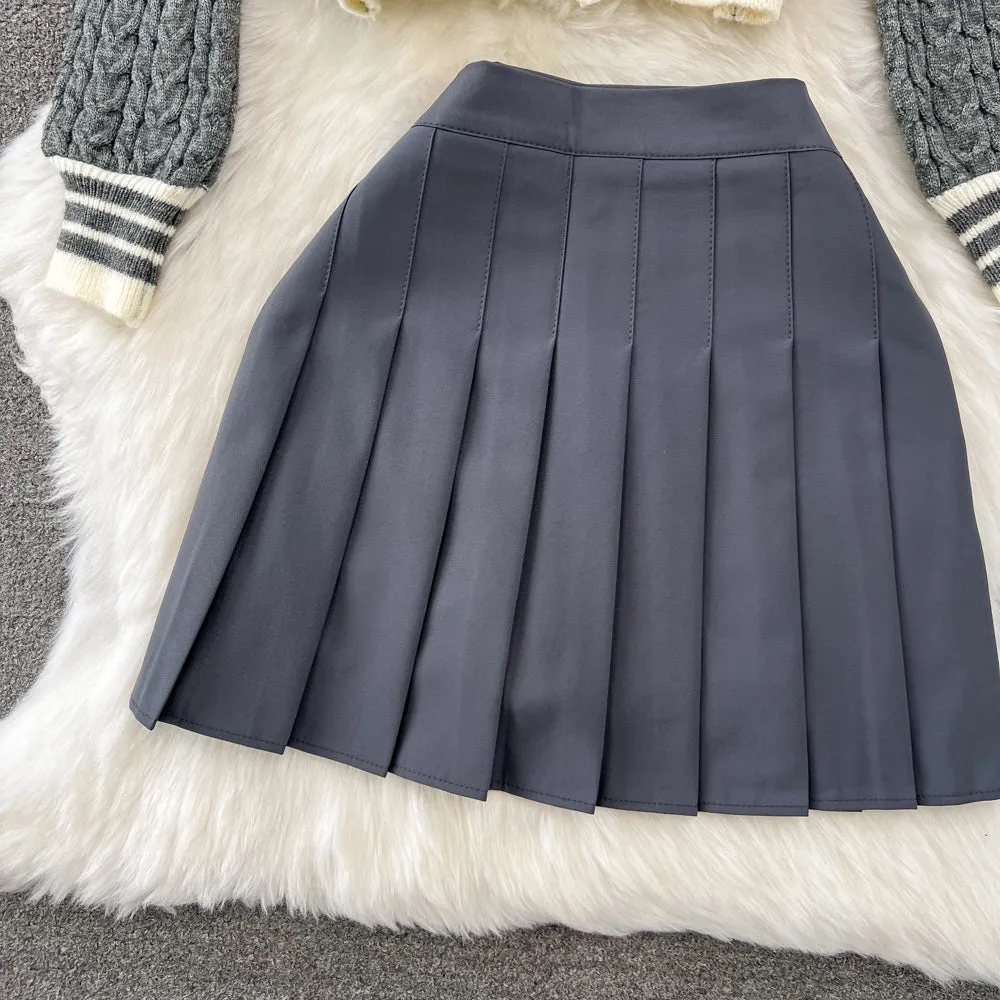 Twisted Cardigan&Pleated Skirt 2Pcs