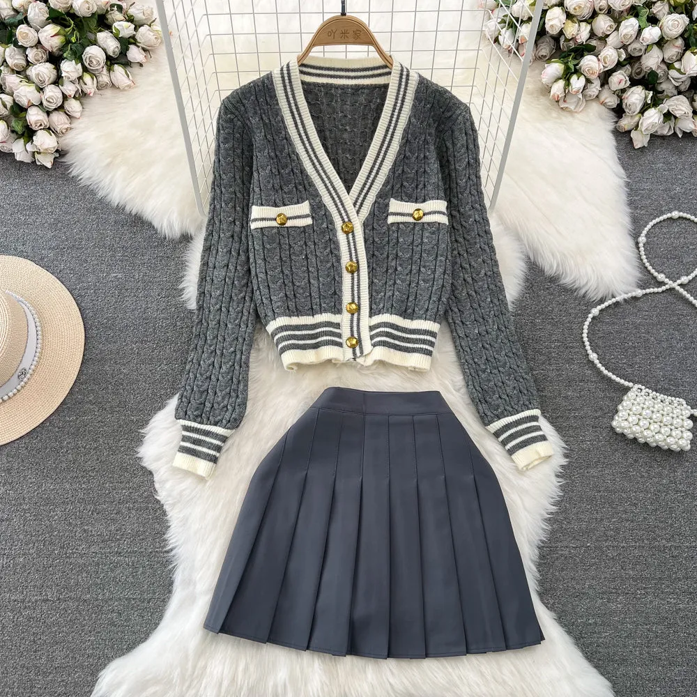 Twisted Cardigan&Pleated Skirt 2Pcs