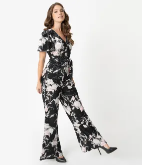 Unique Vintage 1970s Black & Ivory Floral Velvet Heddy Jumpsuit