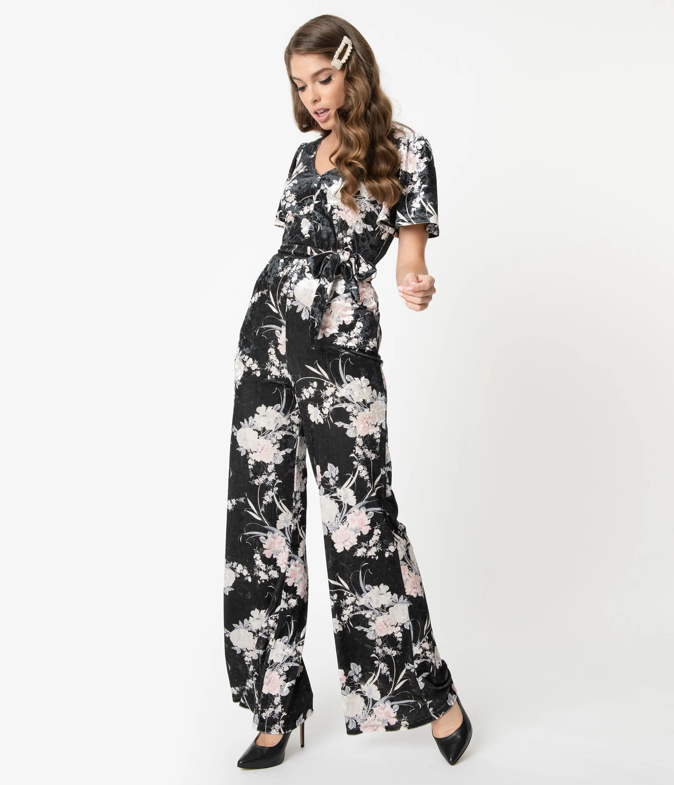 Unique Vintage 1970s Black & Ivory Floral Velvet Heddy Jumpsuit