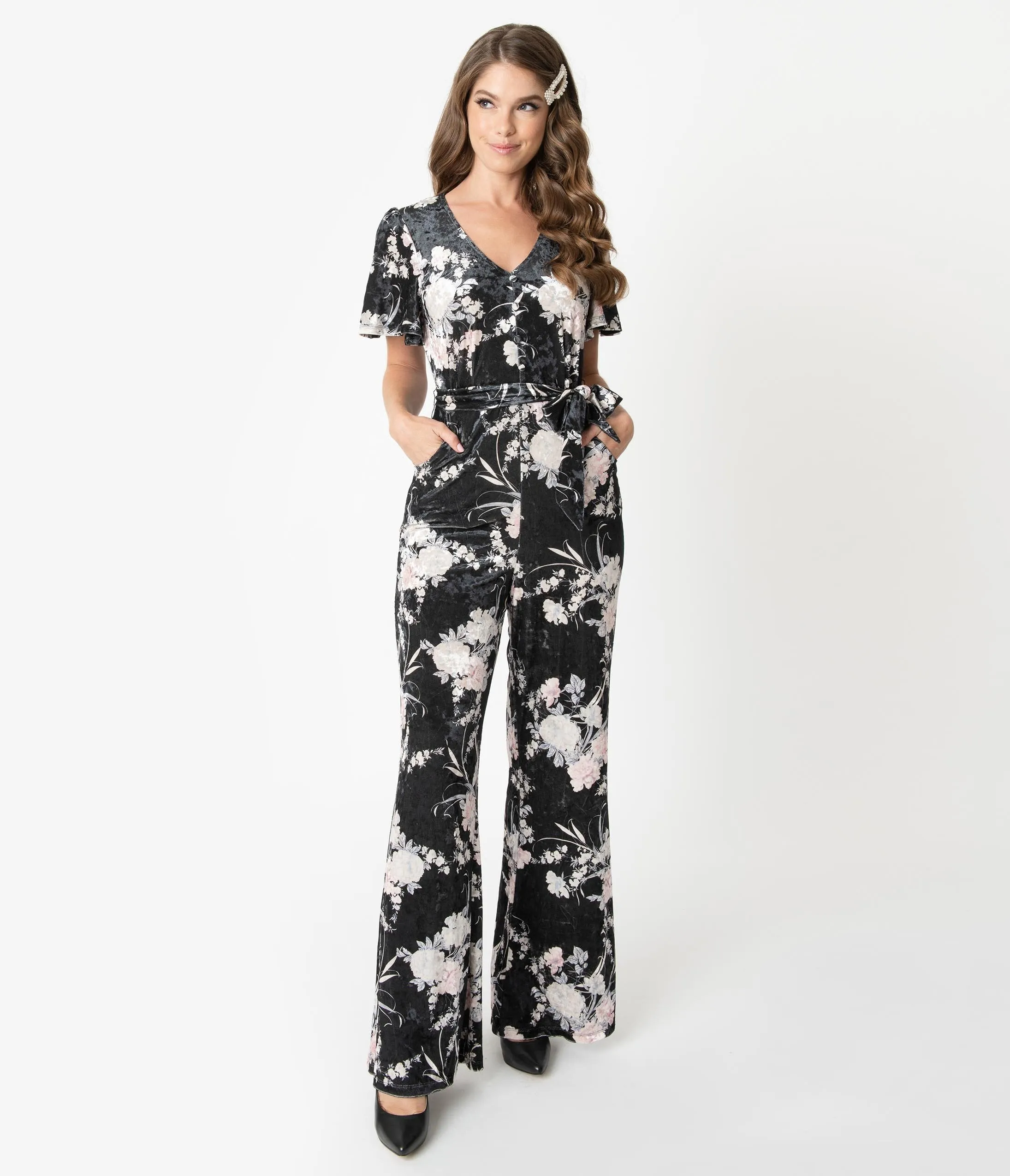 Unique Vintage 1970s Black & Ivory Floral Velvet Heddy Jumpsuit