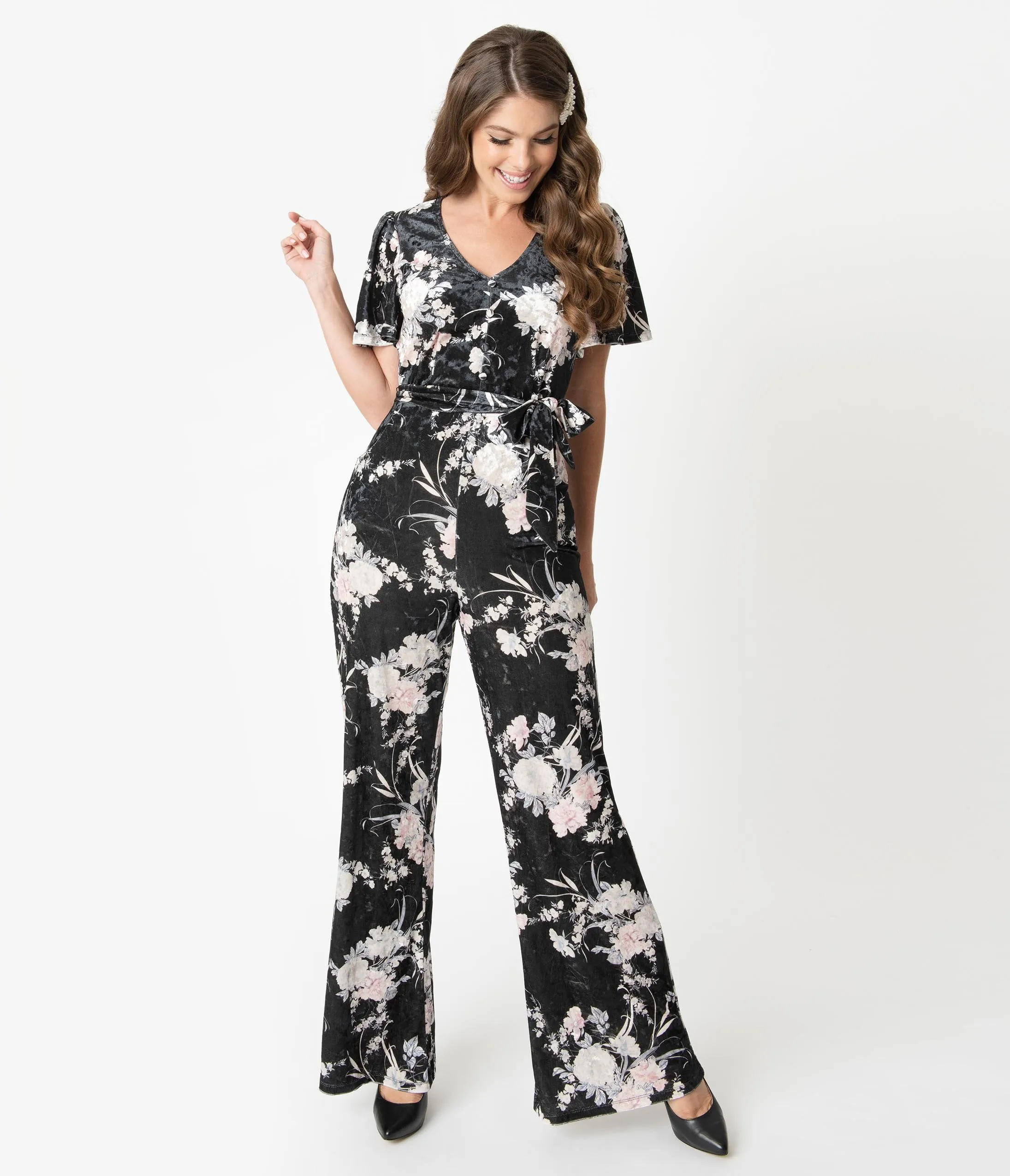 Unique Vintage 1970s Black & Ivory Floral Velvet Heddy Jumpsuit