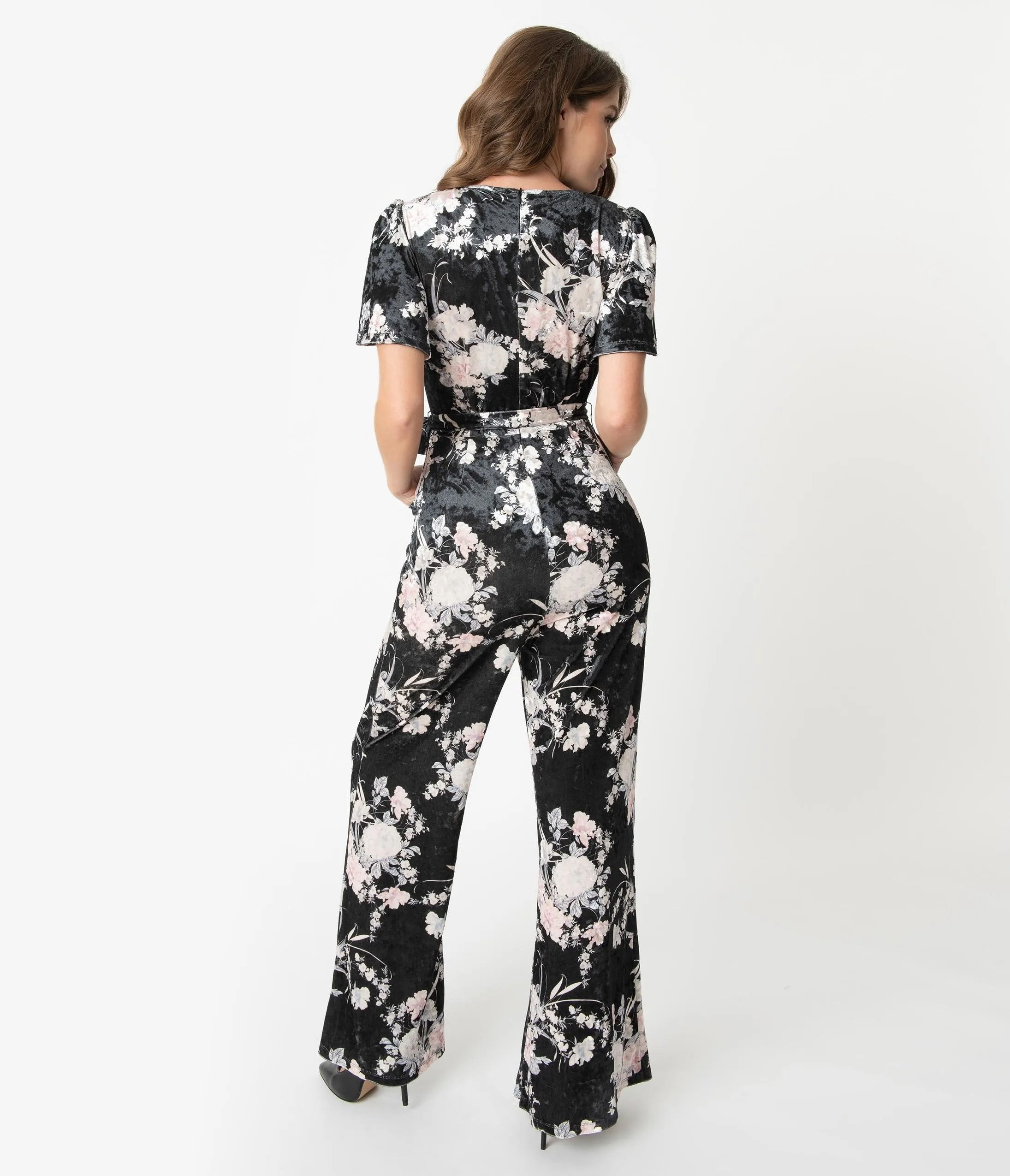 Unique Vintage 1970s Black & Ivory Floral Velvet Heddy Jumpsuit