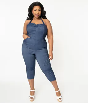 Unique Vintage Plus Size 1950s Blue Denim Marcel Cropped Jumpsuit