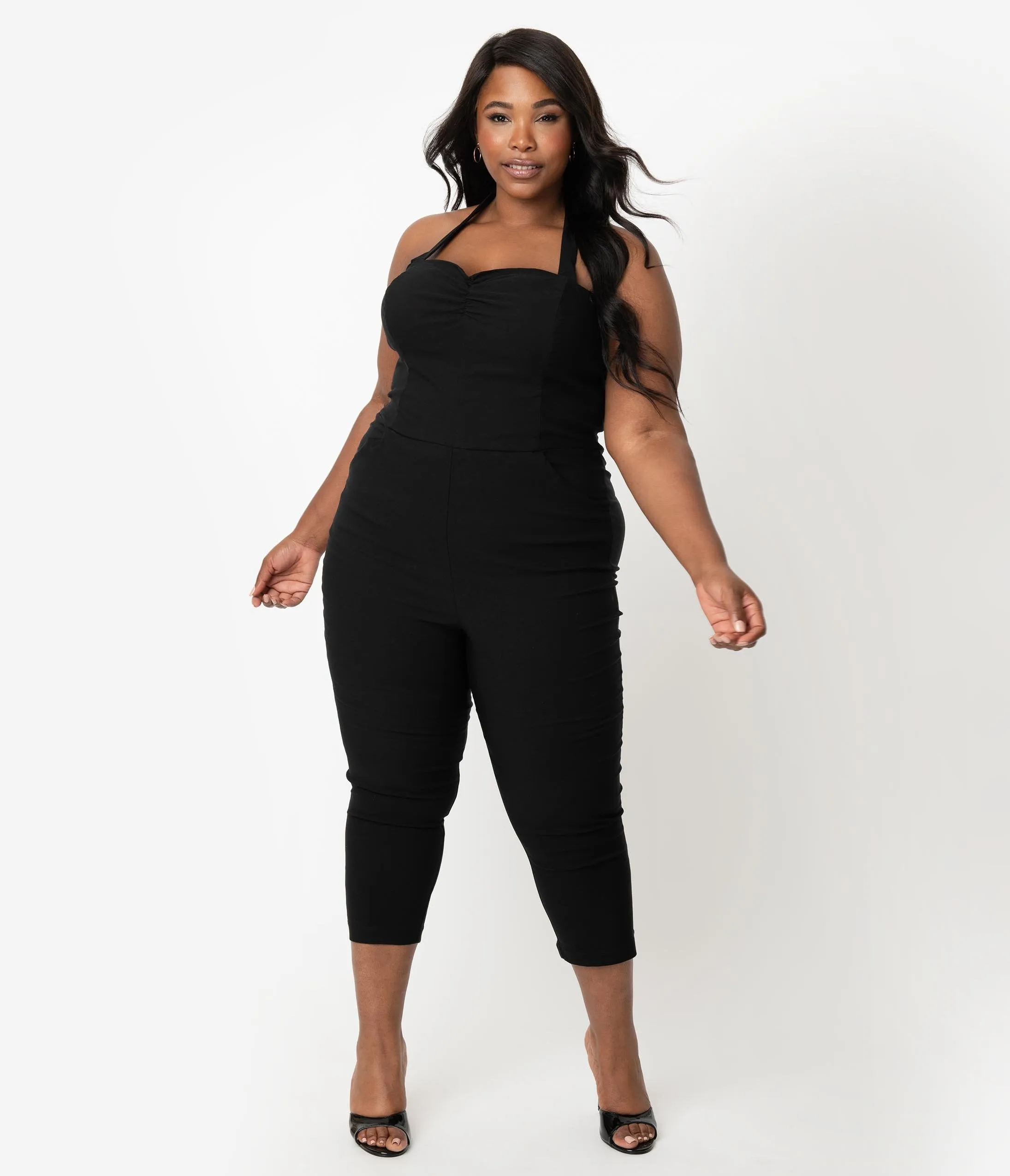 Unique Vintage Plus Size 1950s Style Black Halter Marcel Cropped Jumpsuit