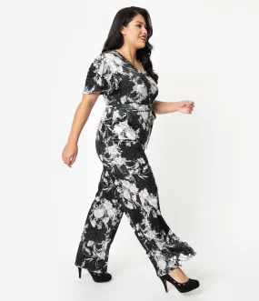 Unique Vintage Plus Size 1970s Black & Ivory Floral Velvet Heddy Jumpsuit