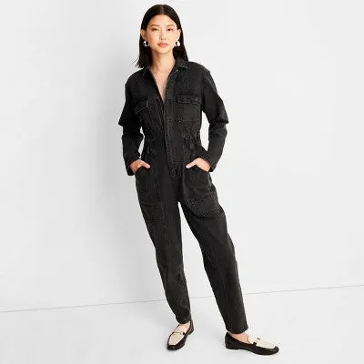 Universal Thread Women's Long Sleeve Denim Jumpsuit Wide-Leg Overalls