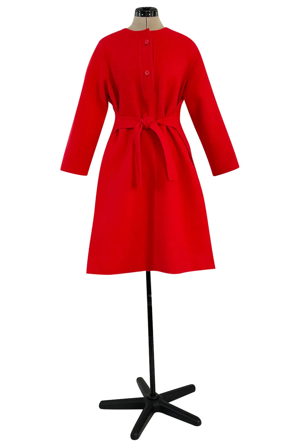 Unusual 1970s Valentino Boutique Red Wool Wrap & Tie Dress w Open Sides and Button Neck