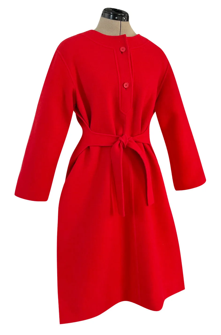 Unusual 1970s Valentino Boutique Red Wool Wrap & Tie Dress w Open Sides and Button Neck