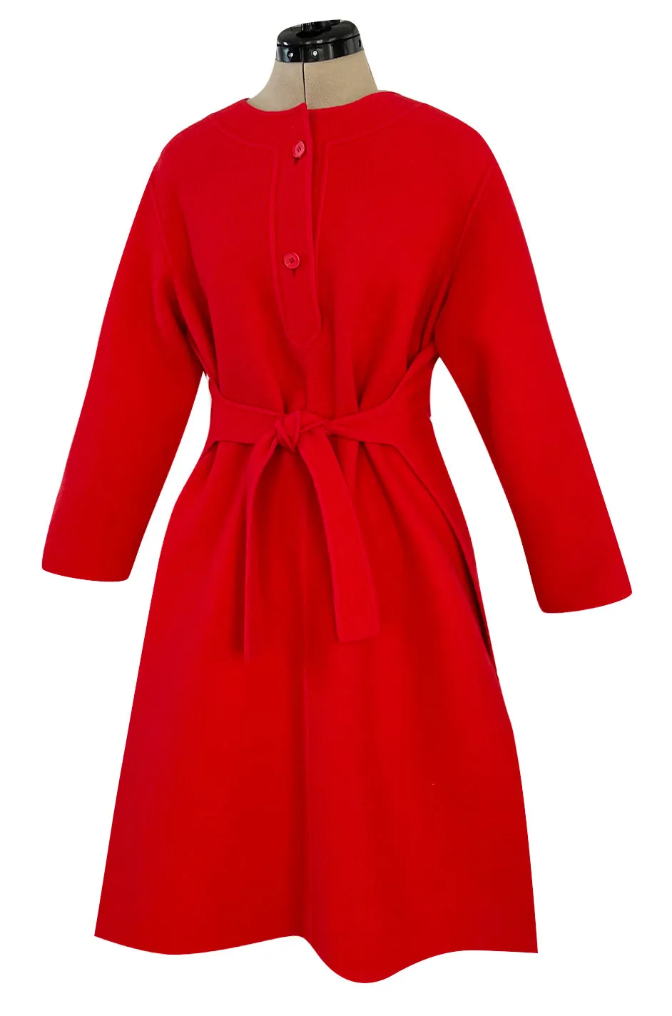 Unusual 1970s Valentino Boutique Red Wool Wrap & Tie Dress w Open Sides and Button Neck