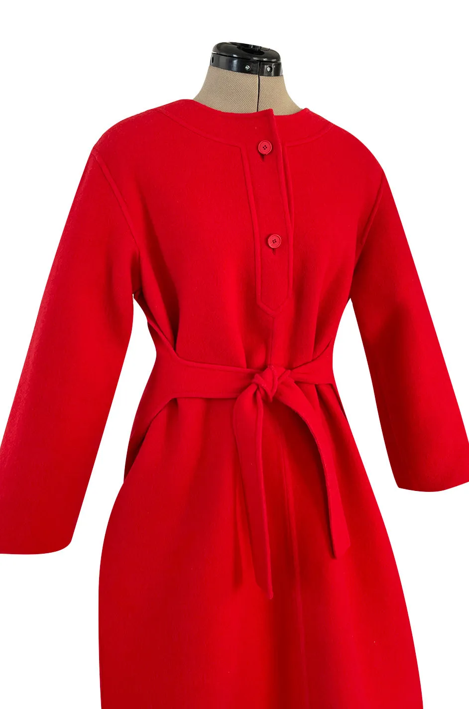 Unusual 1970s Valentino Boutique Red Wool Wrap & Tie Dress w Open Sides and Button Neck