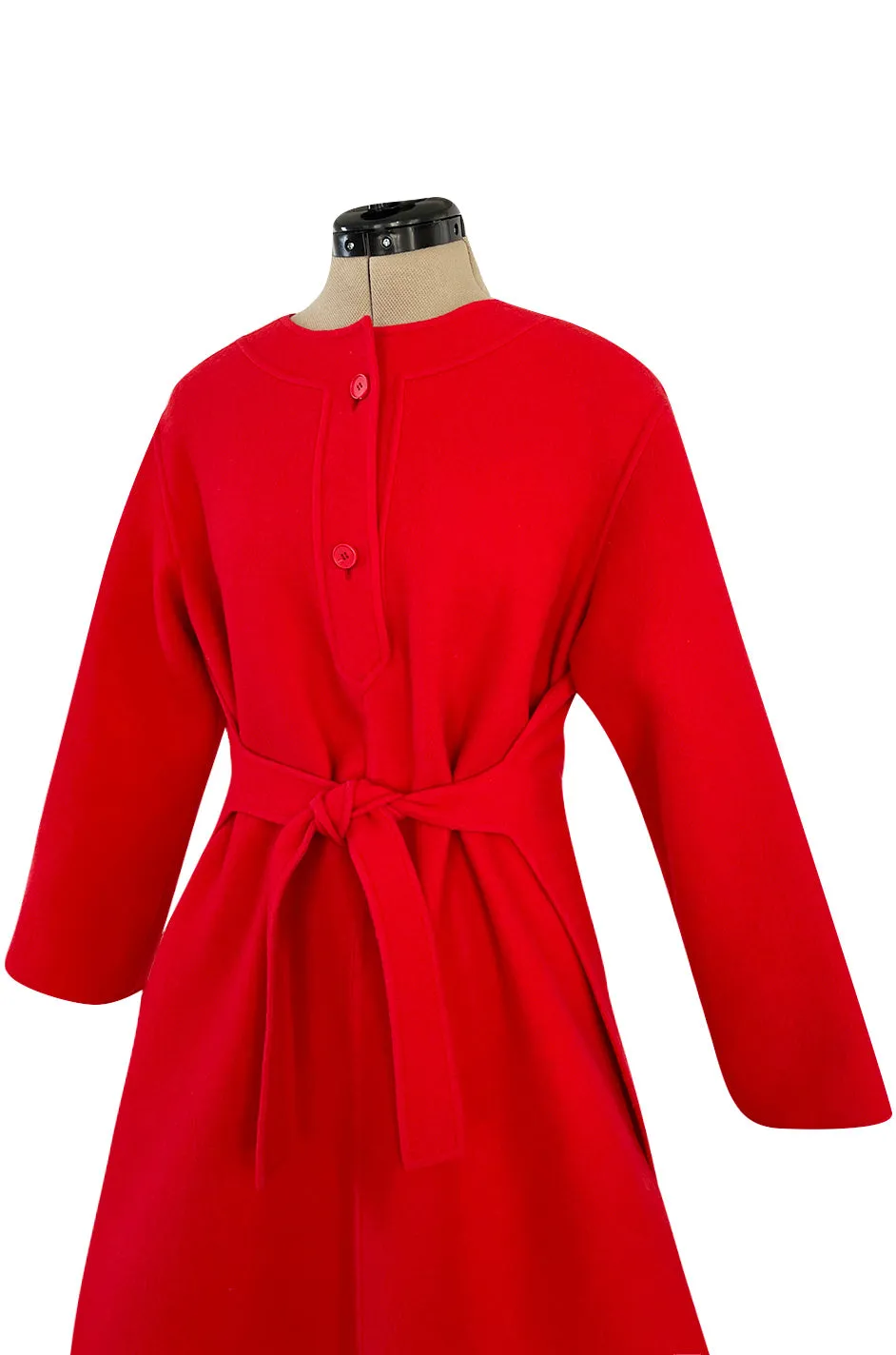 Unusual 1970s Valentino Boutique Red Wool Wrap & Tie Dress w Open Sides and Button Neck