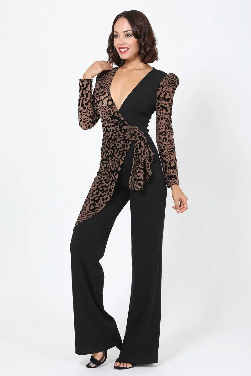 V Buckle Detail Leopard Jumpsuit