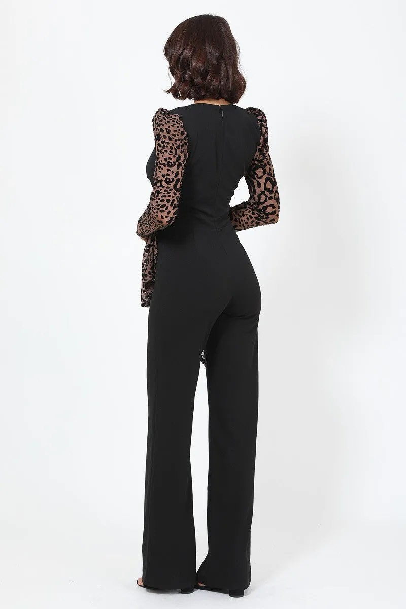 V Buckle Detail Leopard Jumpsuit