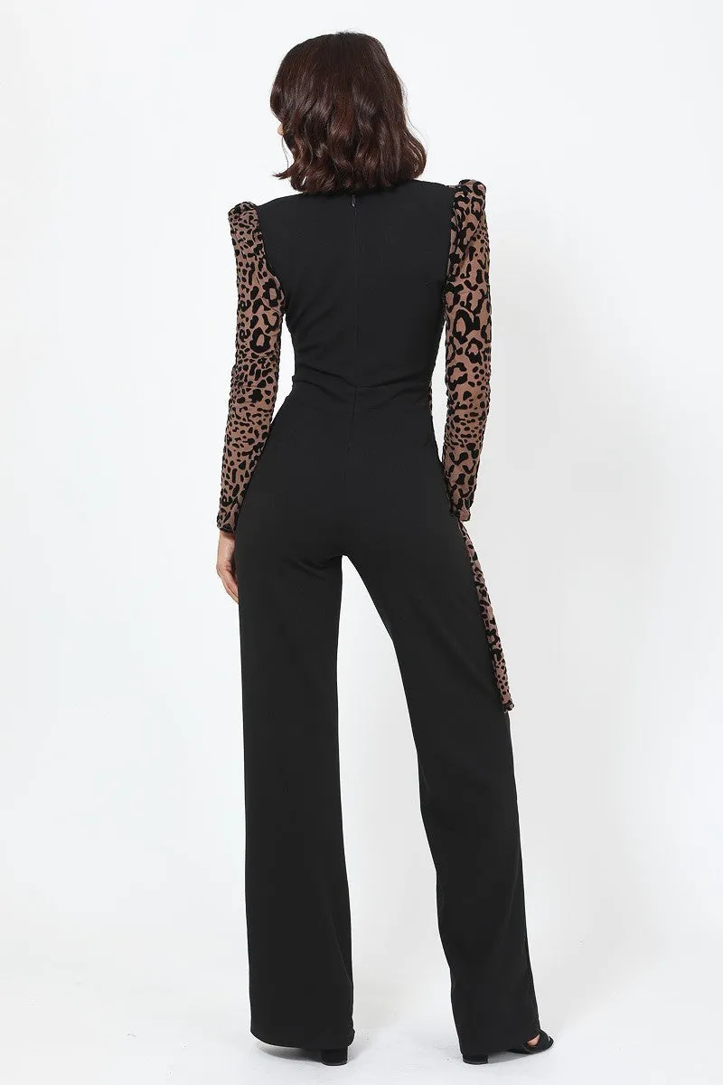 V Buckle Detail Leopard Jumpsuit