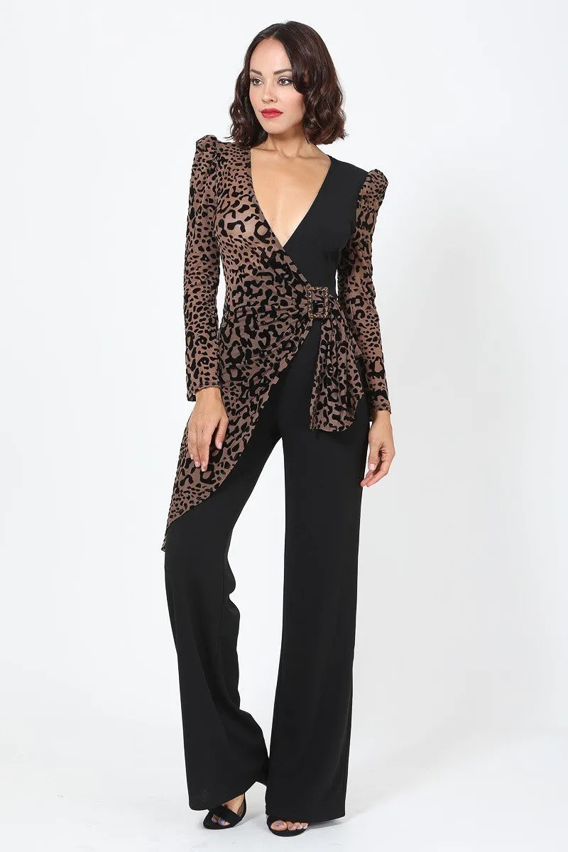 V Buckle Detail Leopard Jumpsuit