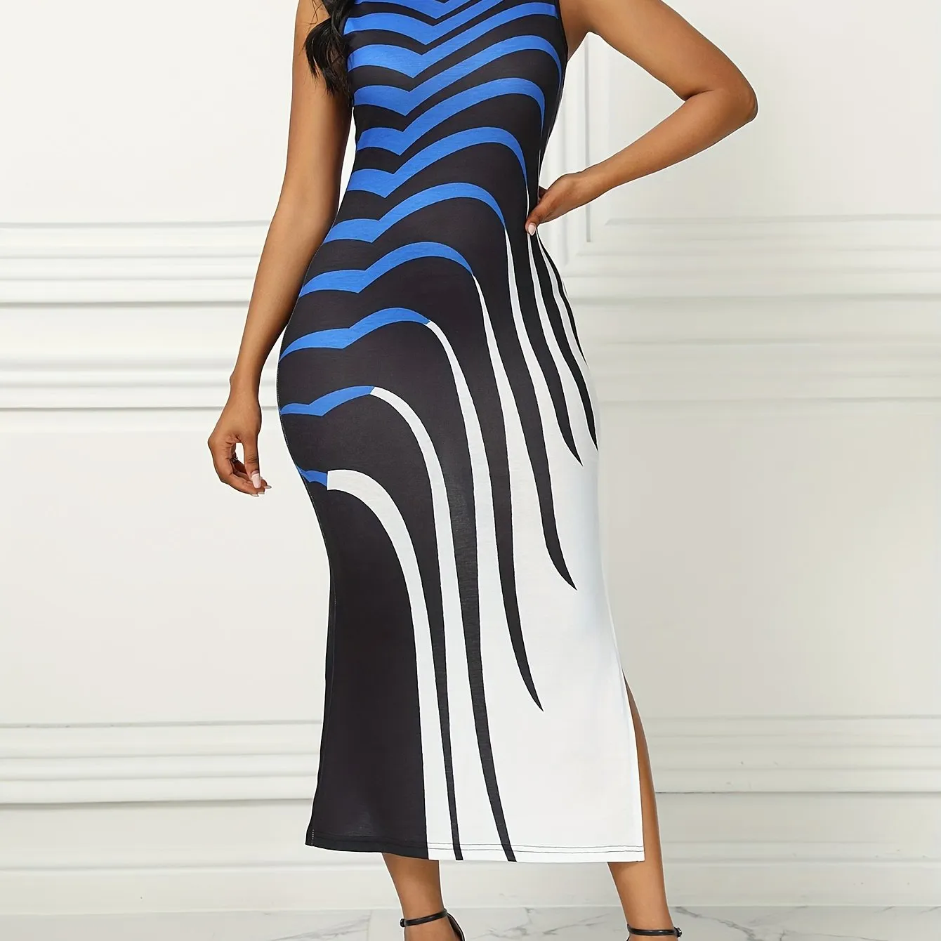 Vibrant Allover Print Split Tank Dress - Sleeveless, Bodycon Maxi Dress with Trendy Split Design, Perfect for Spring and Summer, Womens Stylish Clothing