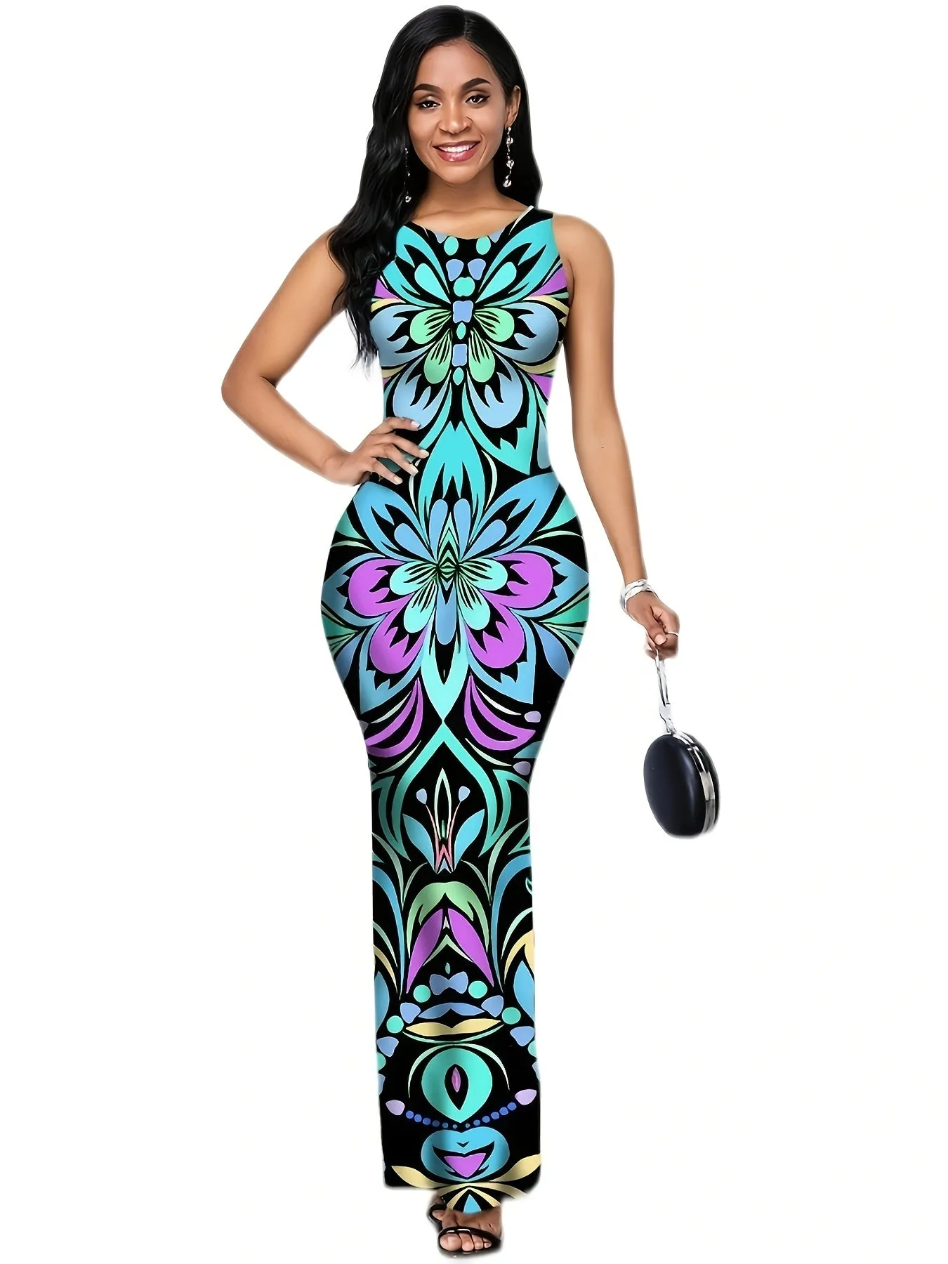 Vibrant Allover Print Split Tank Dress - Sleeveless, Bodycon Maxi Dress with Trendy Split Design, Perfect for Spring and Summer, Womens Stylish Clothing