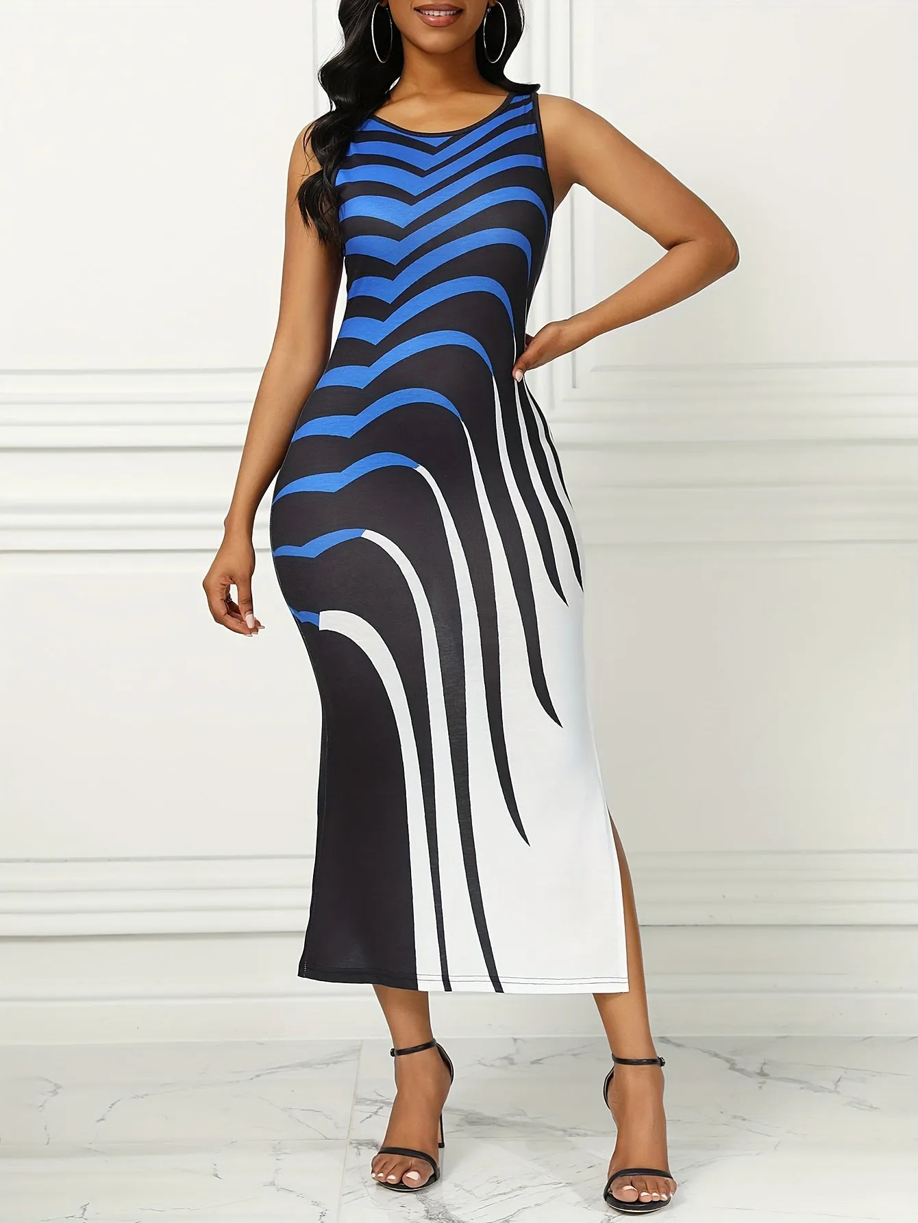 Vibrant Allover Print Split Tank Dress - Sleeveless, Bodycon Maxi Dress with Trendy Split Design, Perfect for Spring and Summer, Womens Stylish Clothing