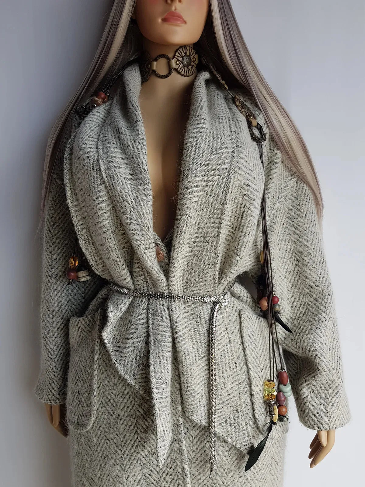 Vintage Chic Wool Coat in Very Light Soft Grey - 3/4 Length - Scarf Tie Neck that can be worn multiple ways - Button Closure - Pockets - Fully Lined