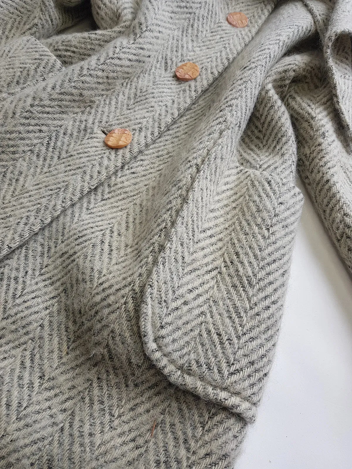 Vintage Chic Wool Coat in Very Light Soft Grey - 3/4 Length - Scarf Tie Neck that can be worn multiple ways - Button Closure - Pockets - Fully Lined