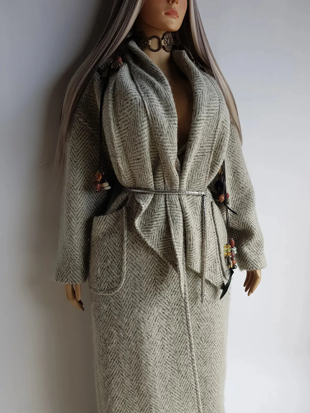 Vintage Chic Wool Coat in Very Light Soft Grey - 3/4 Length - Scarf Tie Neck that can be worn multiple ways - Button Closure - Pockets - Fully Lined