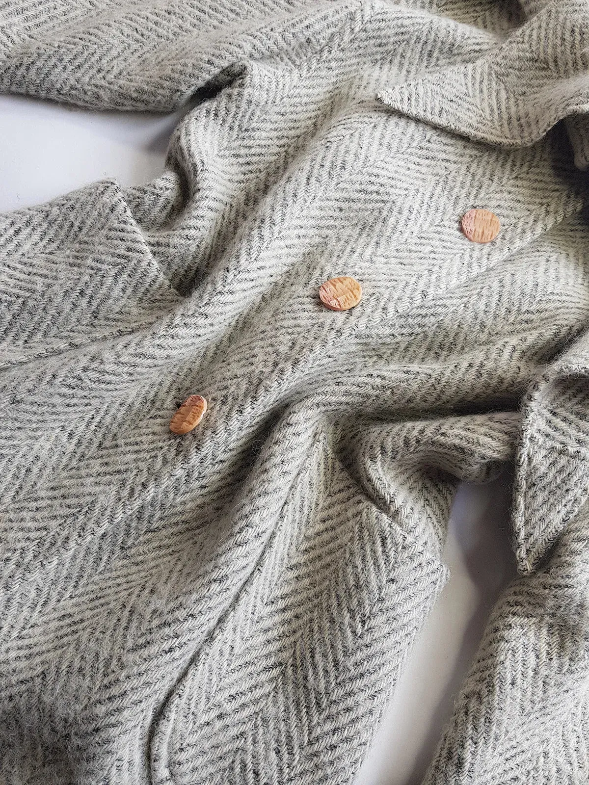 Vintage Chic Wool Coat in Very Light Soft Grey - 3/4 Length - Scarf Tie Neck that can be worn multiple ways - Button Closure - Pockets - Fully Lined