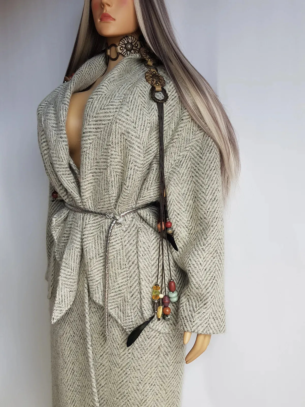 Vintage Chic Wool Coat in Very Light Soft Grey - 3/4 Length - Scarf Tie Neck that can be worn multiple ways - Button Closure - Pockets - Fully Lined