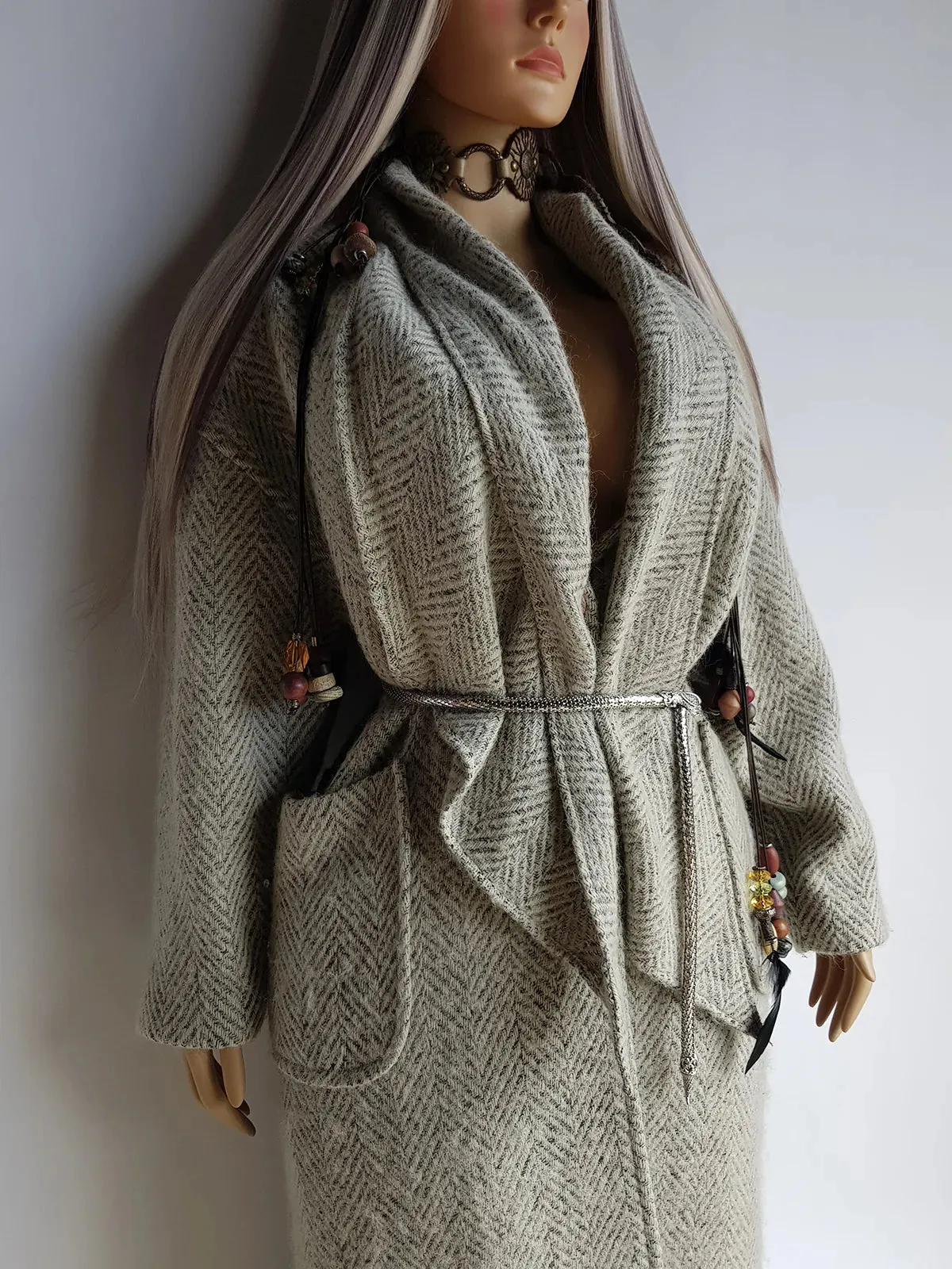 Vintage Chic Wool Coat in Very Light Soft Grey - 3/4 Length - Scarf Tie Neck that can be worn multiple ways - Button Closure - Pockets - Fully Lined