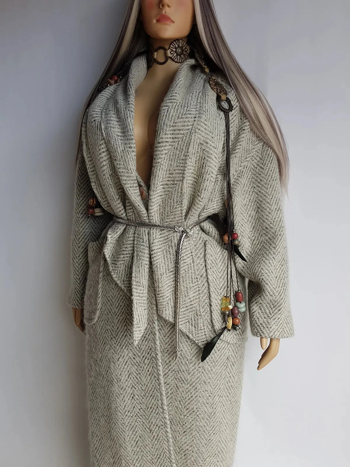 Vintage Chic Wool Coat in Very Light Soft Grey - 3/4 Length - Scarf Tie Neck that can be worn multiple ways - Button Closure - Pockets - Fully Lined