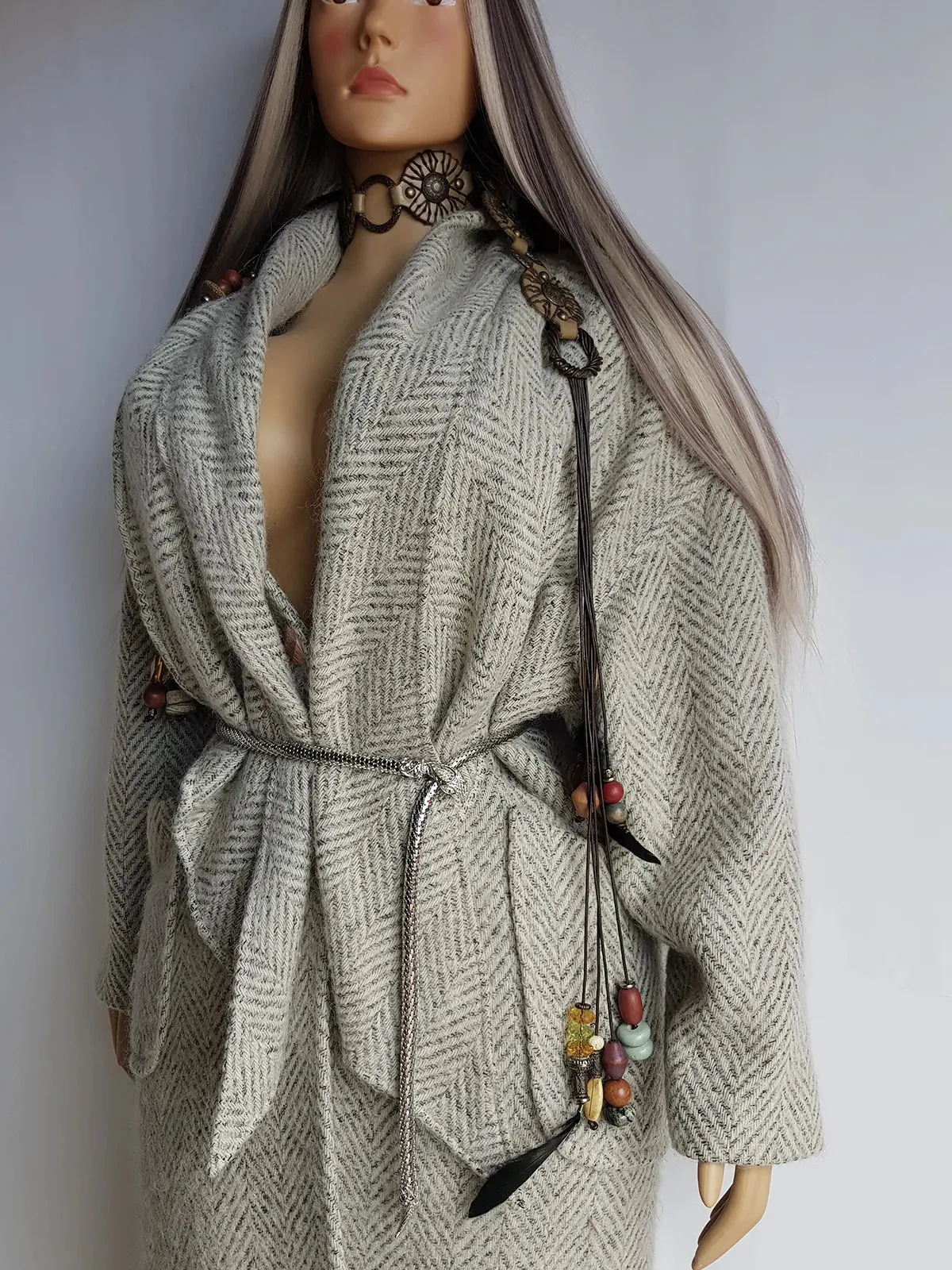 Vintage Chic Wool Coat in Very Light Soft Grey - 3/4 Length - Scarf Tie Neck that can be worn multiple ways - Button Closure - Pockets - Fully Lined