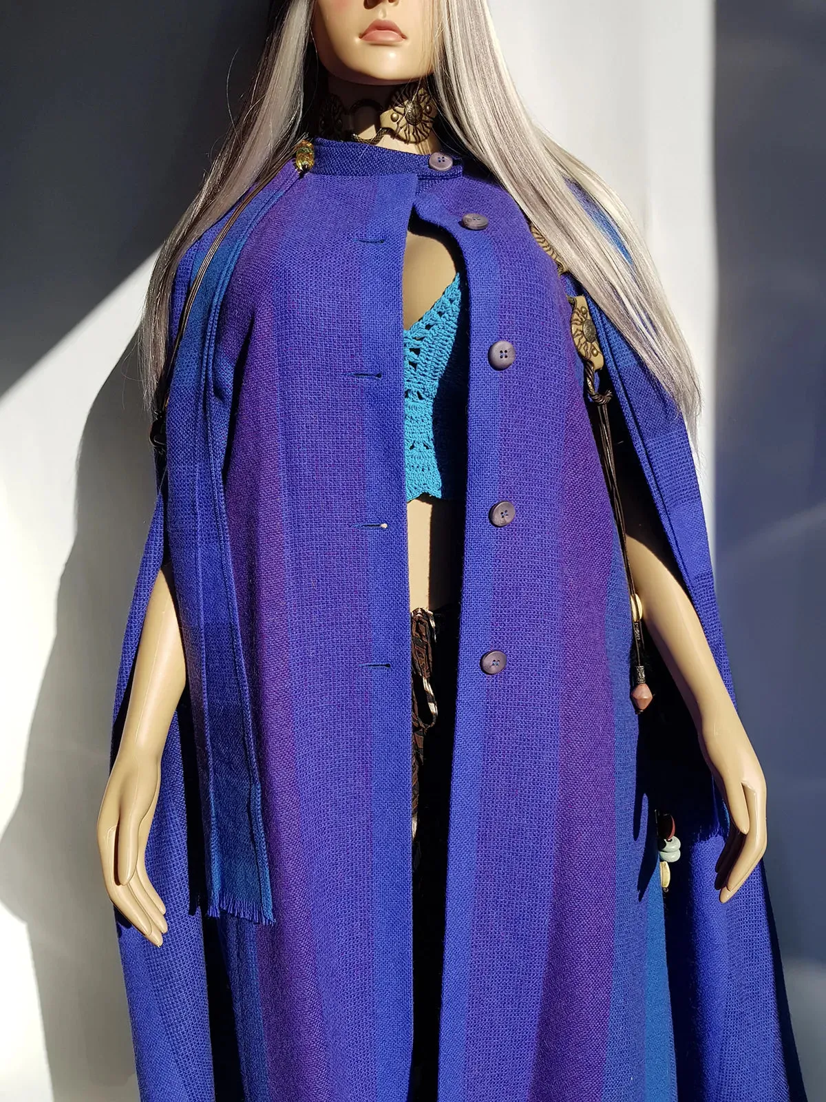 Vintage Really Special - 100% Irish New Wool Cape / Coat in Blue & Purple Tones - Full Length - Insanely High Quality and Immaculate Tailoring