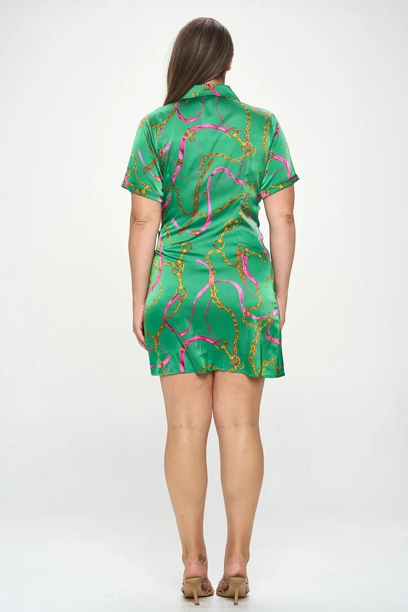 Voluptuous ( ) Plus Ribbon Print Short Sleeve Wrap Tie Dress - 2 colors