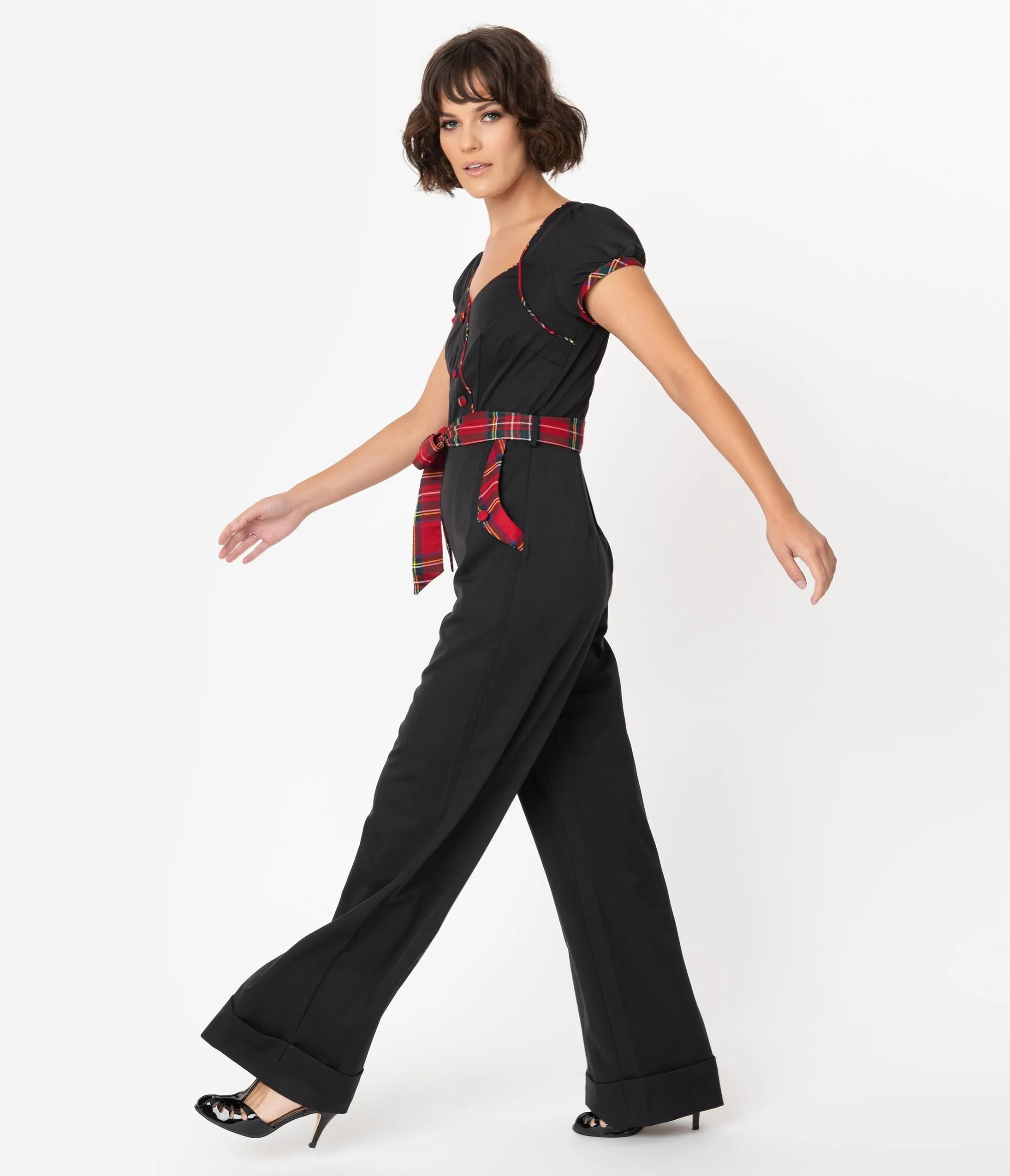 Voodoo Vixen 1970s Black & Red Tartan Accent Wide Leg Jumpsuit