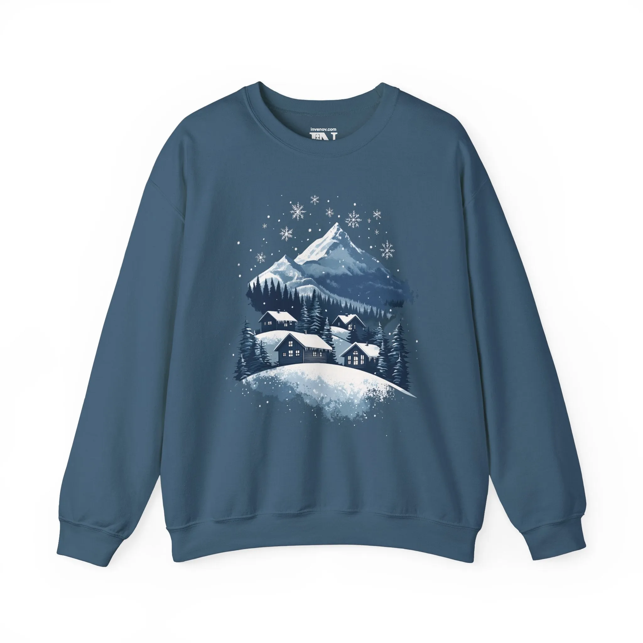 Winter Serenity Graphic Sweatshirt,  Peaceful Snowy Mountain Scene, Cozy Cabin, Minimalist Snowfall Design, Soft Blue White Silver Tone