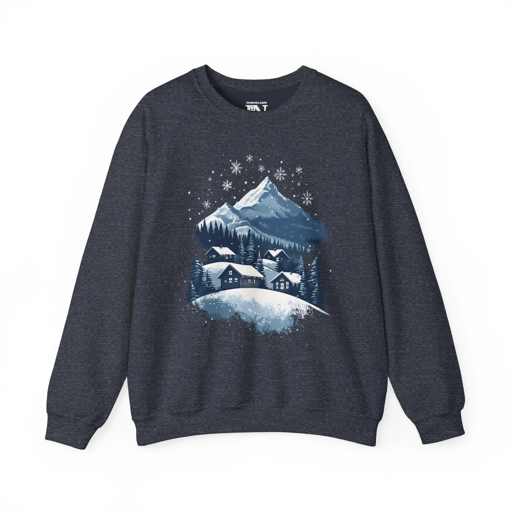 Winter Serenity Graphic Sweatshirt,  Peaceful Snowy Mountain Scene, Cozy Cabin, Minimalist Snowfall Design, Soft Blue White Silver Tone