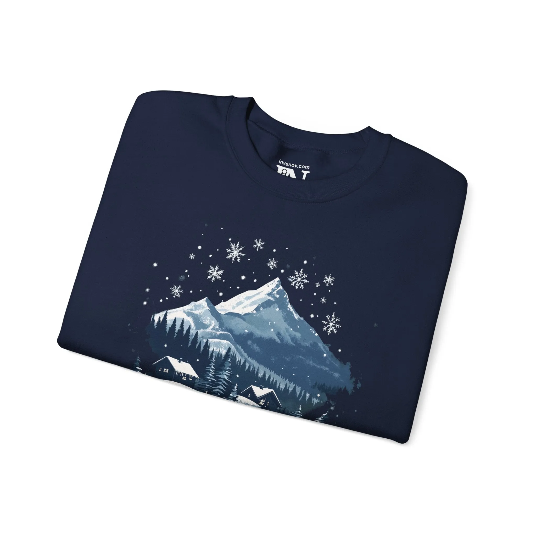 Winter Serenity Graphic Sweatshirt,  Peaceful Snowy Mountain Scene, Cozy Cabin, Minimalist Snowfall Design, Soft Blue White Silver Tone