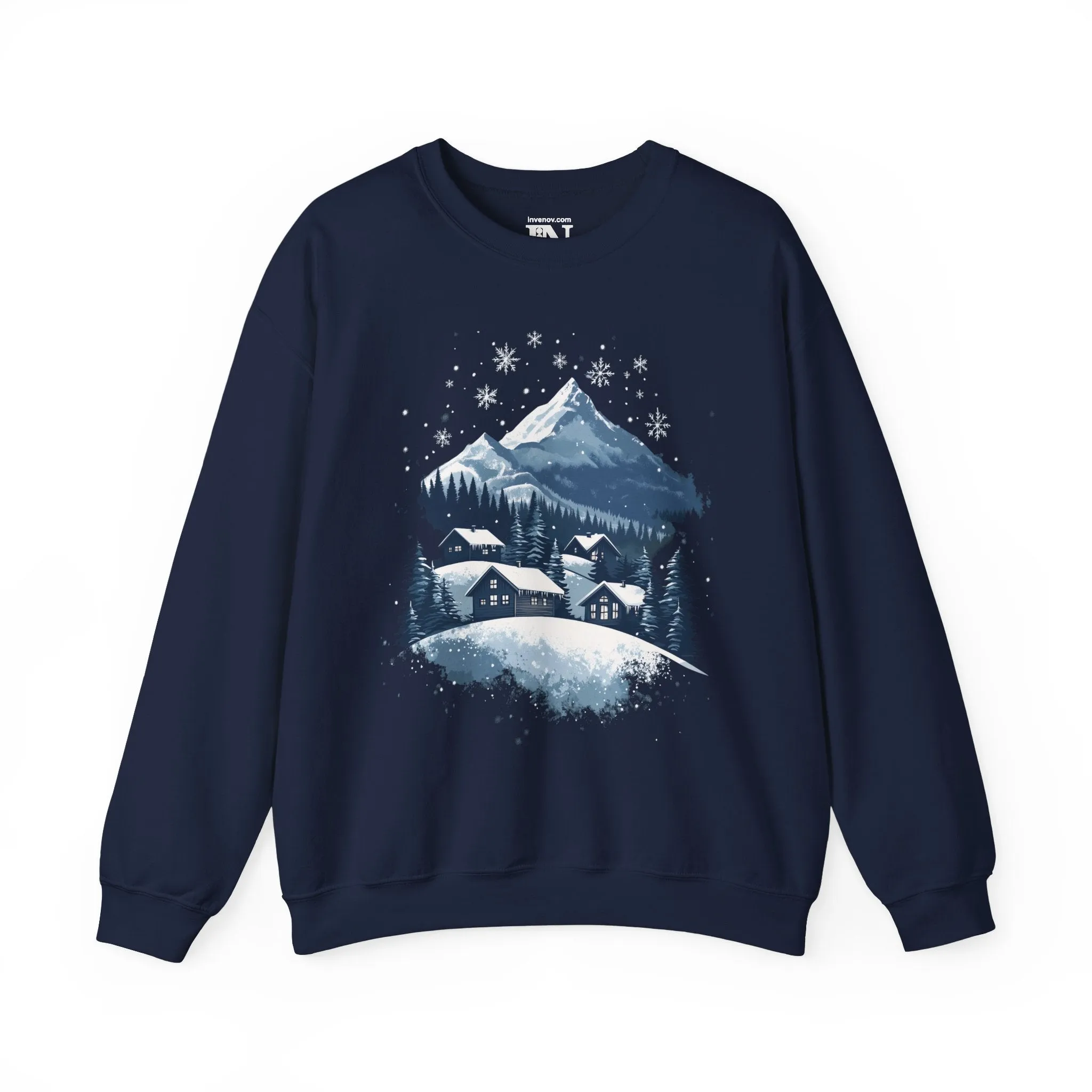 Winter Serenity Graphic Sweatshirt,  Peaceful Snowy Mountain Scene, Cozy Cabin, Minimalist Snowfall Design, Soft Blue White Silver Tone