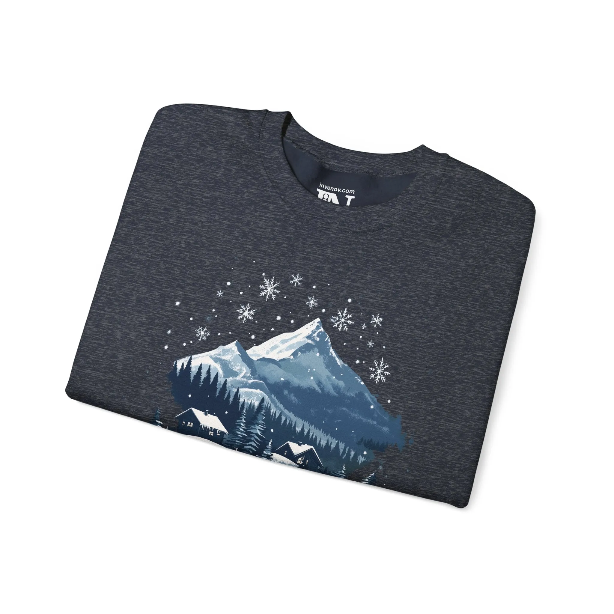 Winter Serenity Graphic Sweatshirt,  Peaceful Snowy Mountain Scene, Cozy Cabin, Minimalist Snowfall Design, Soft Blue White Silver Tone