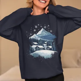 Winter Serenity Graphic Sweatshirt,  Peaceful Snowy Mountain Scene, Cozy Cabin, Minimalist Snowfall Design, Soft Blue White Silver Tone