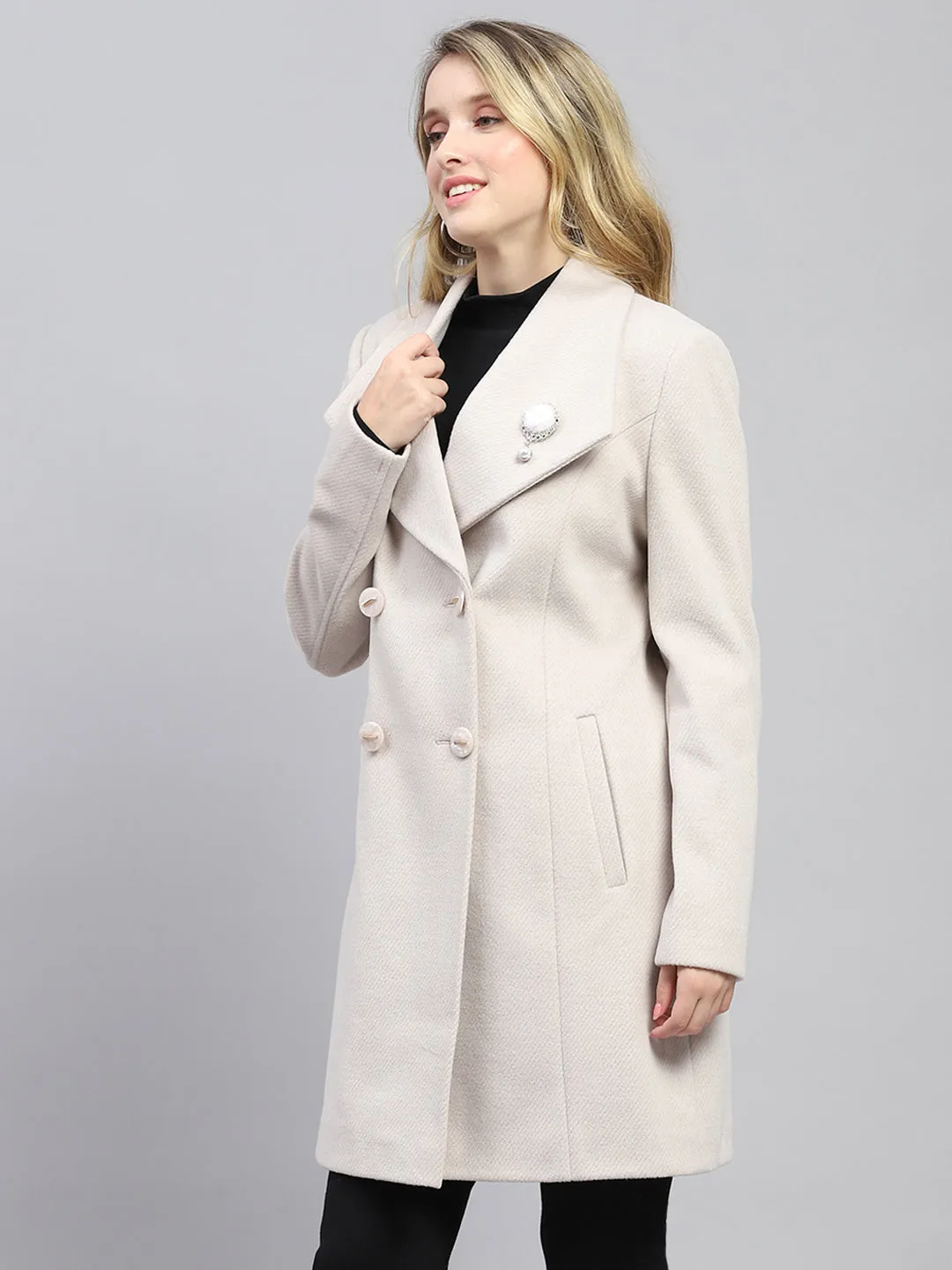 Women Cream Self Design Collar Full Sleeve Coat