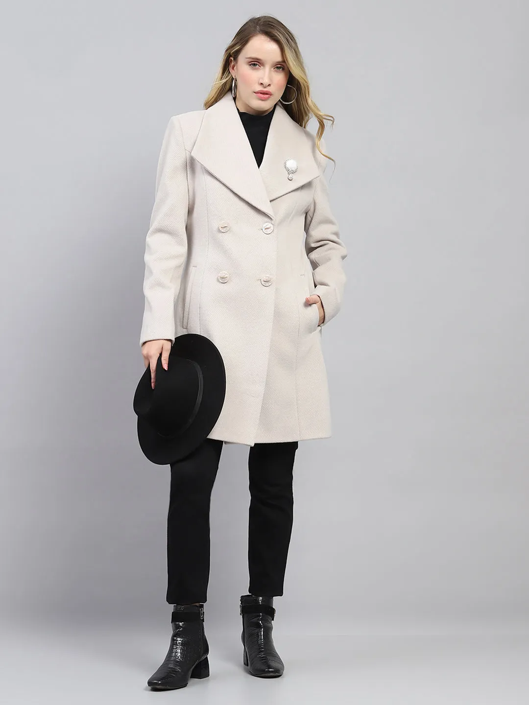 Women Cream Self Design Collar Full Sleeve Coat